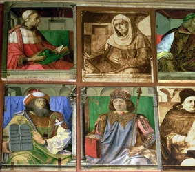 Das Arbeitszimmer von Federigo da Montefeltro, Herzog von Urbino, im Uhrzeigersinn von oben links: Cicero, römischer Redner; Seneca, römischer Stoikerphilosoph; Homer, griechischer epischer Dichter; St.